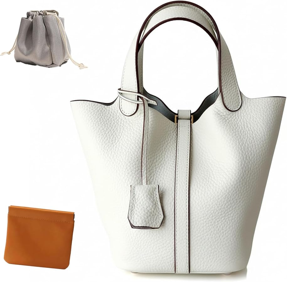 Genuine Leather Lock Design Bucket Bag Vegetable Basket, Fashionable and Versatile Satchel Handba... | Amazon (US)