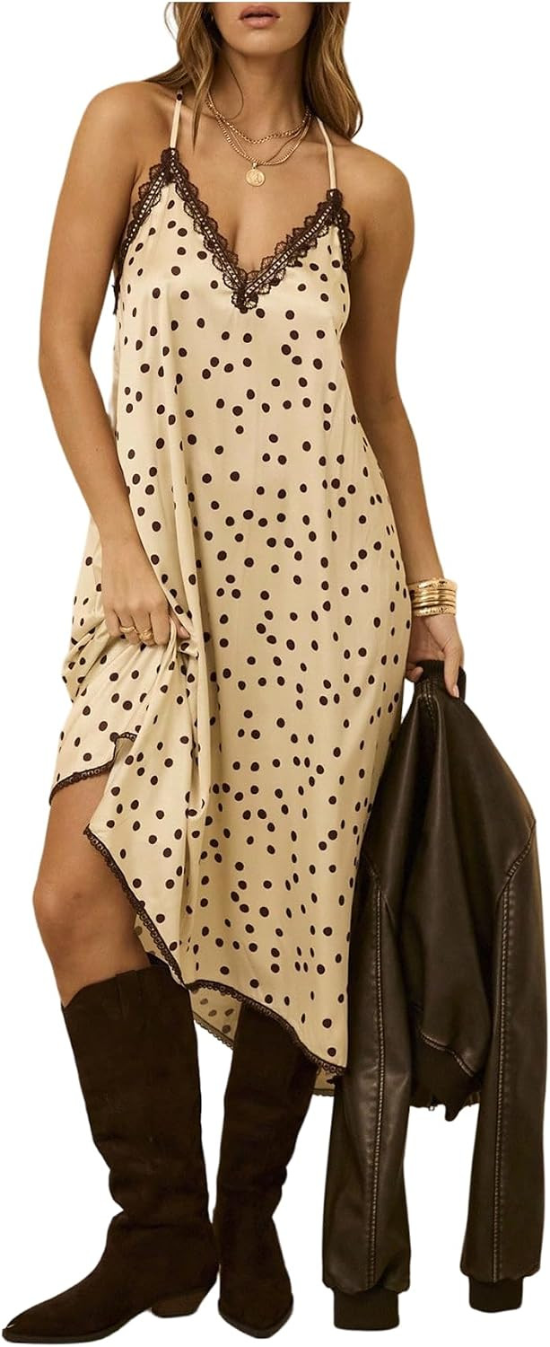 WDIRARA Women's Satin Polka Dots Maxi Dress Sleeveless Deep V Neck Cami Dresses | Amazon (US)