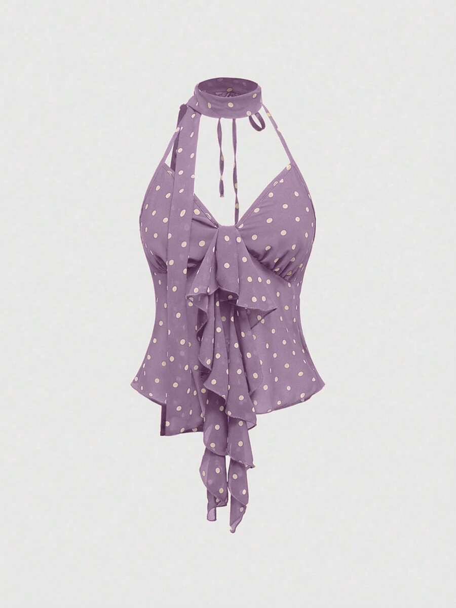 ROMWE Spring/SummercasualSexy Y2K Polka Dot Chiffon Allover Print Ruffle Collar Design Women Cami... | SHEIN