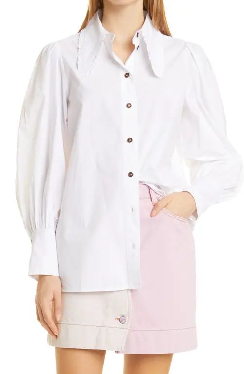 Ganni Frill Collar Puff Sleeve Organic Cotton Poplin Shirt in Bright White at Nordstrom, Size 10-12  | Nordstrom