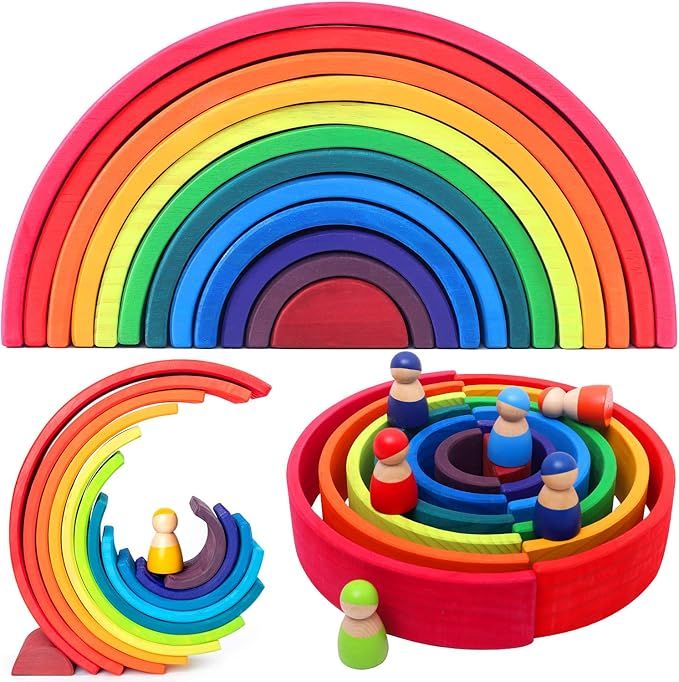 Vigeiya 18Pcs Wooden Rainbow Stacking Toy Color Sorting Toys Large Stacker Building Blocks for Ki... | Amazon (US)
