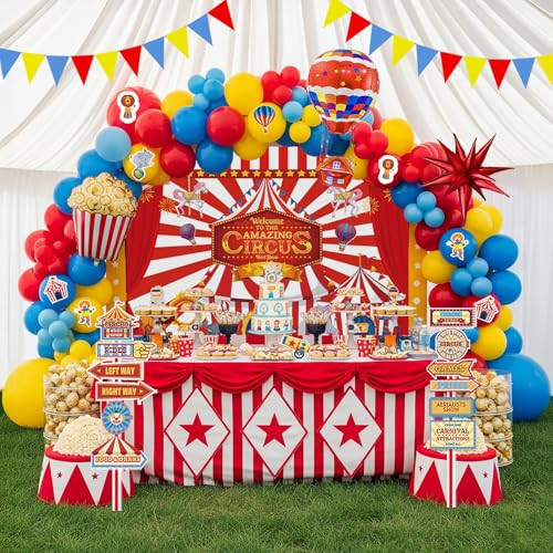 Circus Theme birthday party decorations & include red blue yellow balloon garland & foil hot air popcorn balloons & banner carnival road sign paper card background decor | Amazon (US)