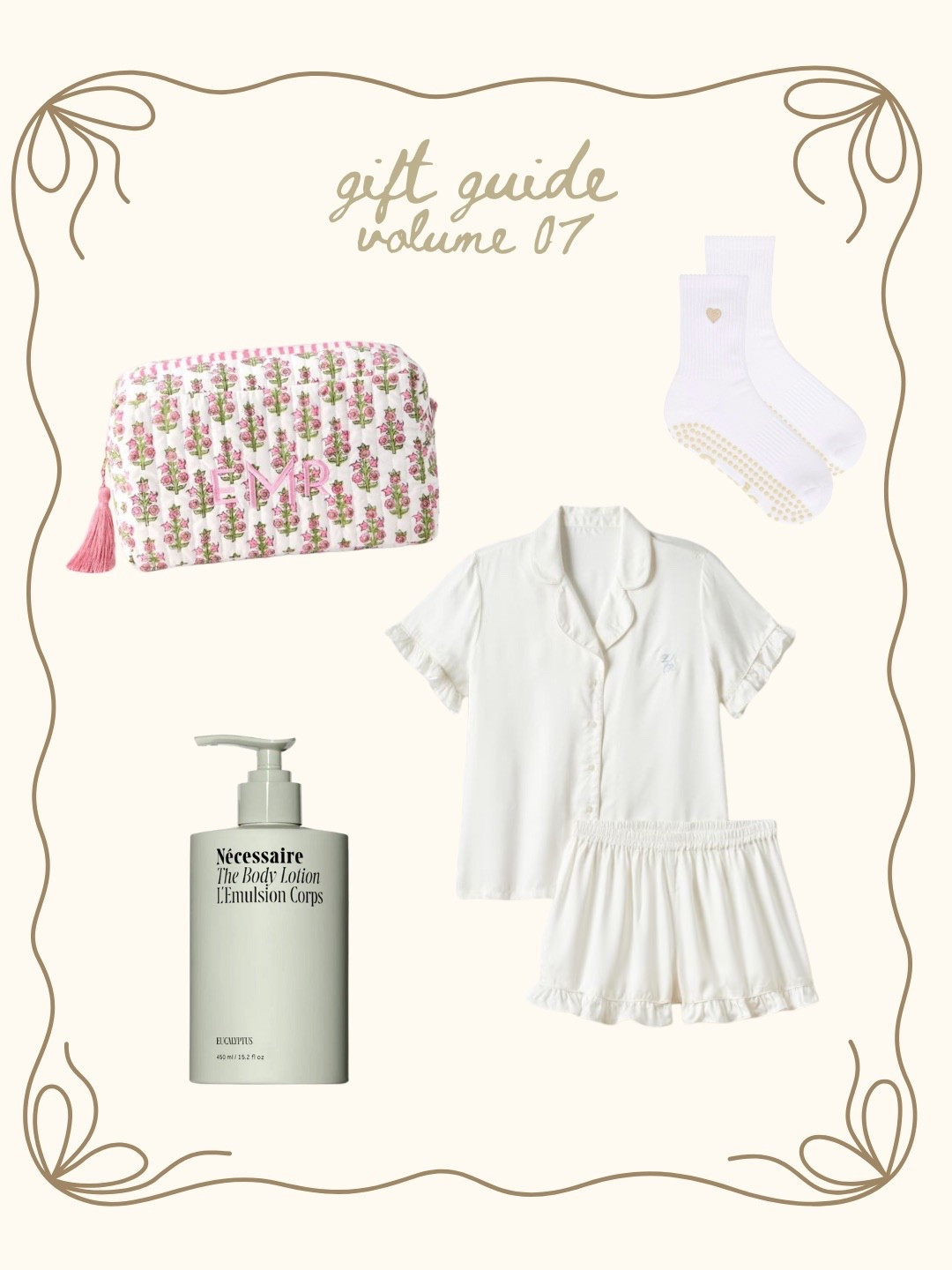 gift guide number 7! perfect christmas gifts for a white elephant party! pajama set, pilates socks and a super cute cosmetic travel bag! love all of these #gifts #giftguide #holiday #christmas #christmasgift 

#LTKHoliday #LTKCyberWeek #LTKGiftGuide