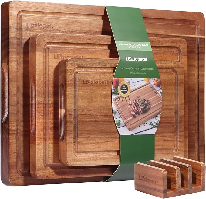Acacia Wood Cutting Board Set of 3, Solid Wood Cutting Board with Holder, Deep Juice Grooves & Bu... | Amazon (US)