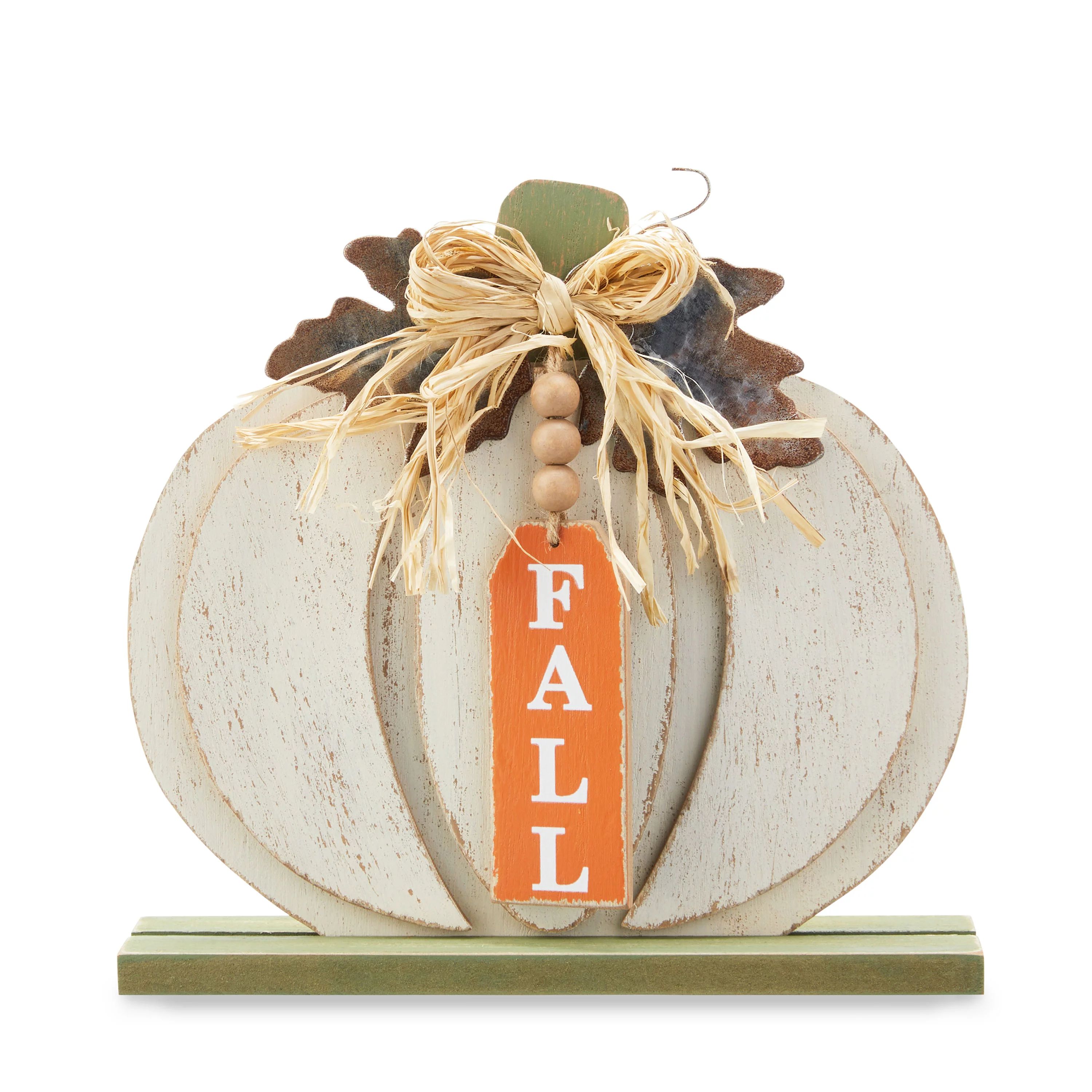 Way to Celebrate Harvest 9inch Fall Wash White Wood Pumpkin Tabletop Decoration | Walmart (US)