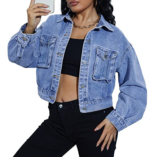 LONGBIDA Women's Jean Jacket Frayed Washed Button Up Cropped Denim Jacket With Pockets | Amazon (US)