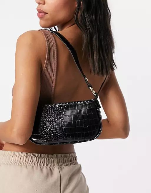 ASOS DESIGN croc effect 90s shoulder bag in black | ASOS (Global)