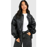 boohoo Women's Petite Pu Contrast Stitch Oversized Bomber Jacket in Black | Size: 12 | Polyurethane | boohoo (US & Canada)