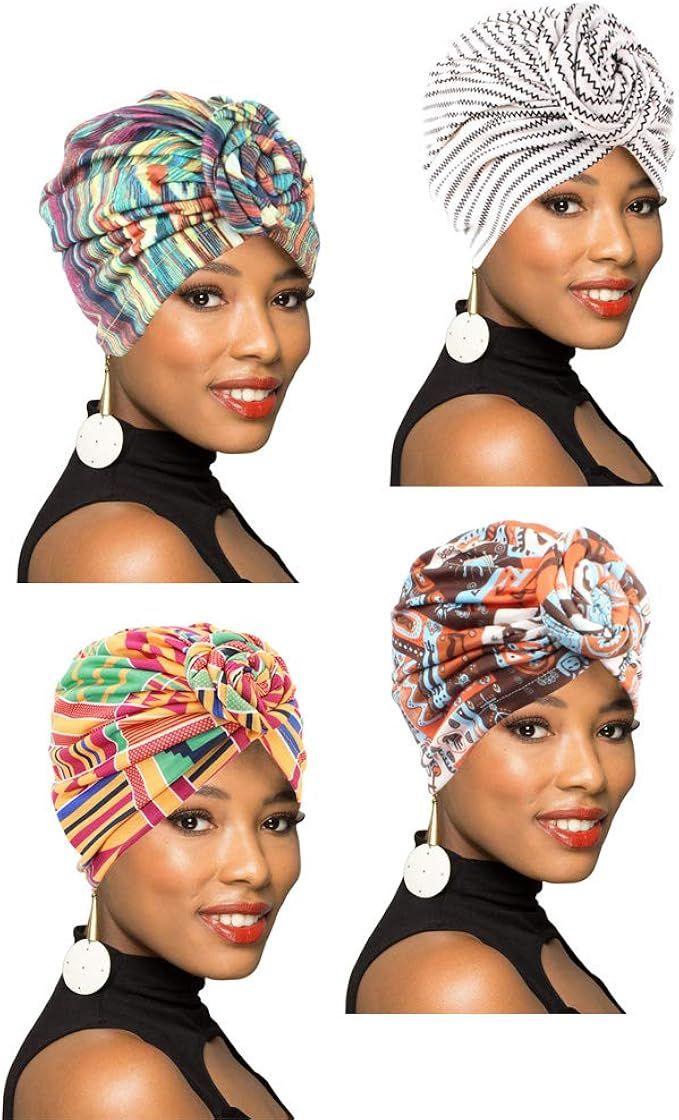 1Pack/2Packs/4Packs Women Turban African Pattern Knot Headwrap Beanie Pre-Tied Bonnet Chemo Cap H... | Amazon (US)