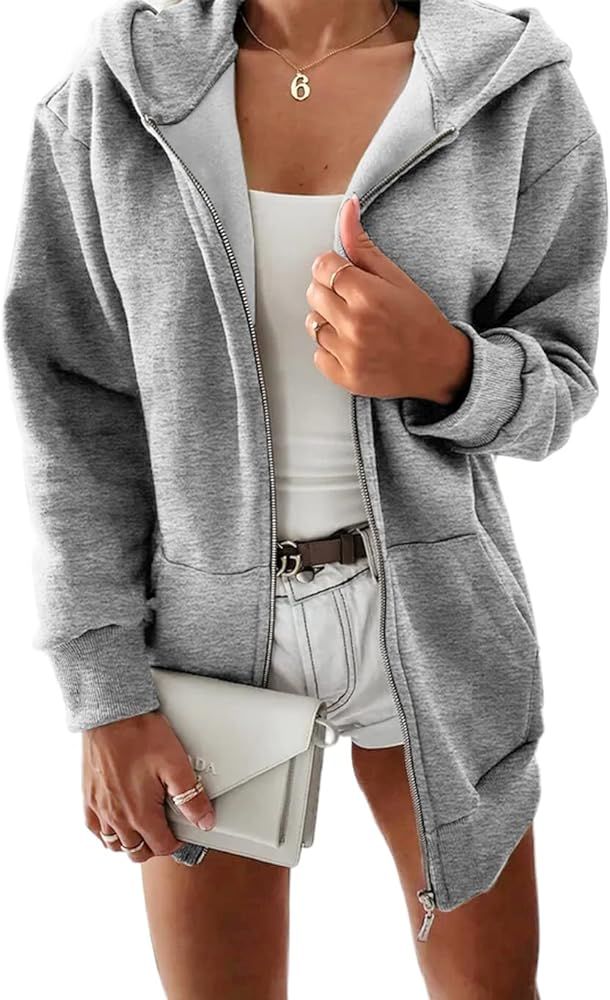 Yousify Women Casual Full Zip Up Plush Hoodie Comfy Loose Solid Sweatshirt Long Sleeve Jacket wit... | Amazon (US)