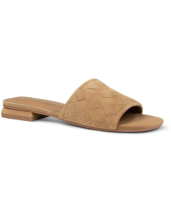 Slide Sandals Women Woven Tan Open Toe Dressy Slip On Casual Summer Outdoor 1 Inch Low Heel Flat ... | Amazon (US)
