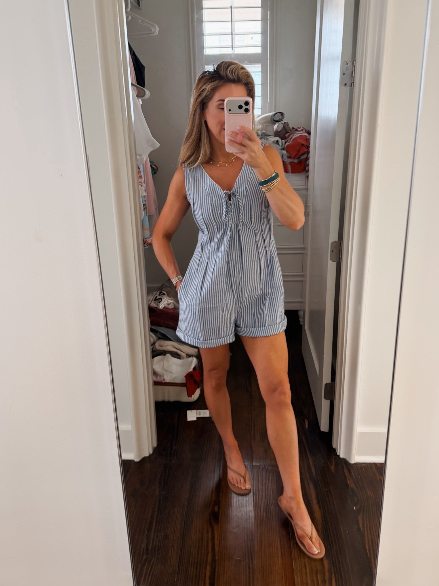 Super Ccmfortable summer romper with pintuck and piping detailing. Back zipper. 

Summer outfits, weekend casual outfits, beach vacation outfits, sandals

#LTKdayinmylife #LTKootd #LTKgrwm