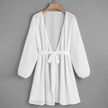 Plus Bishop Sleeve Belted Kimono | SHEIN