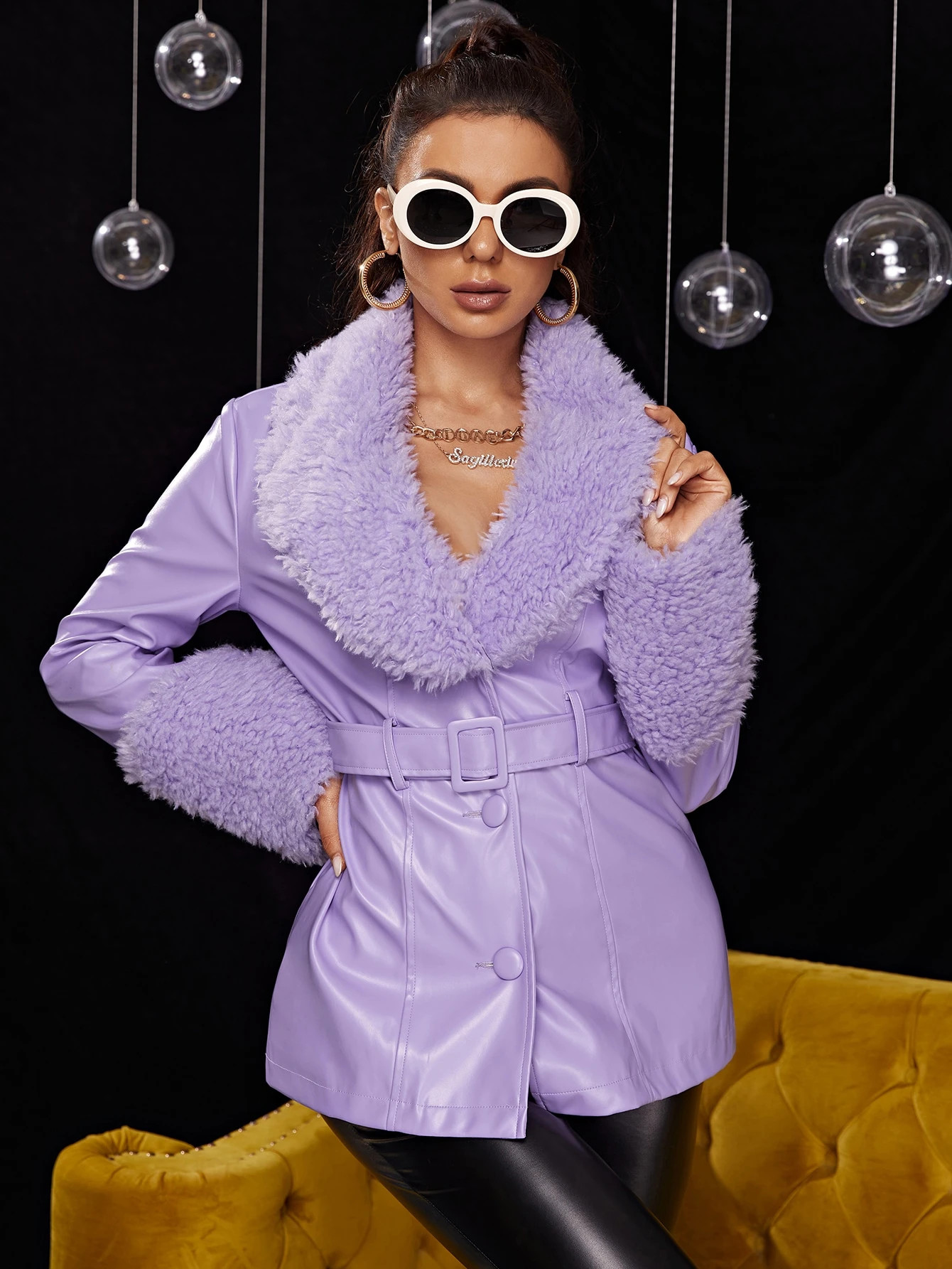 SHEIN Borg Collar Belted PU Leather Coat | SHEIN