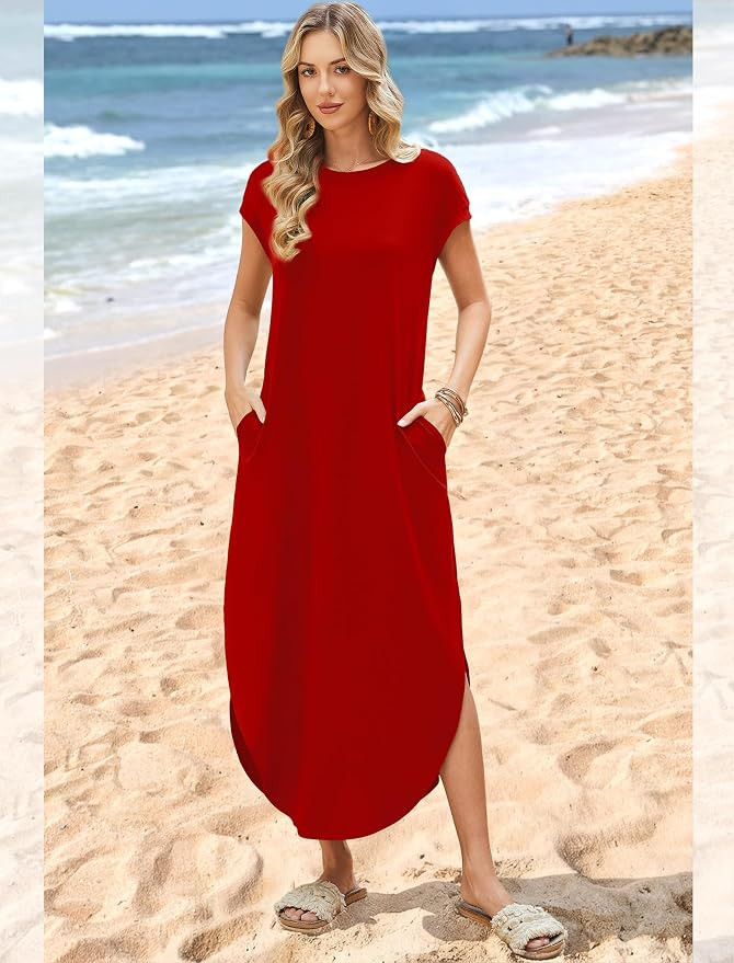 WIHOLL Summer Dresses Cap Sleeve Crewneck Maxi Long Casual Dress with Pockets Beach Vacation Sund... | Amazon (US)