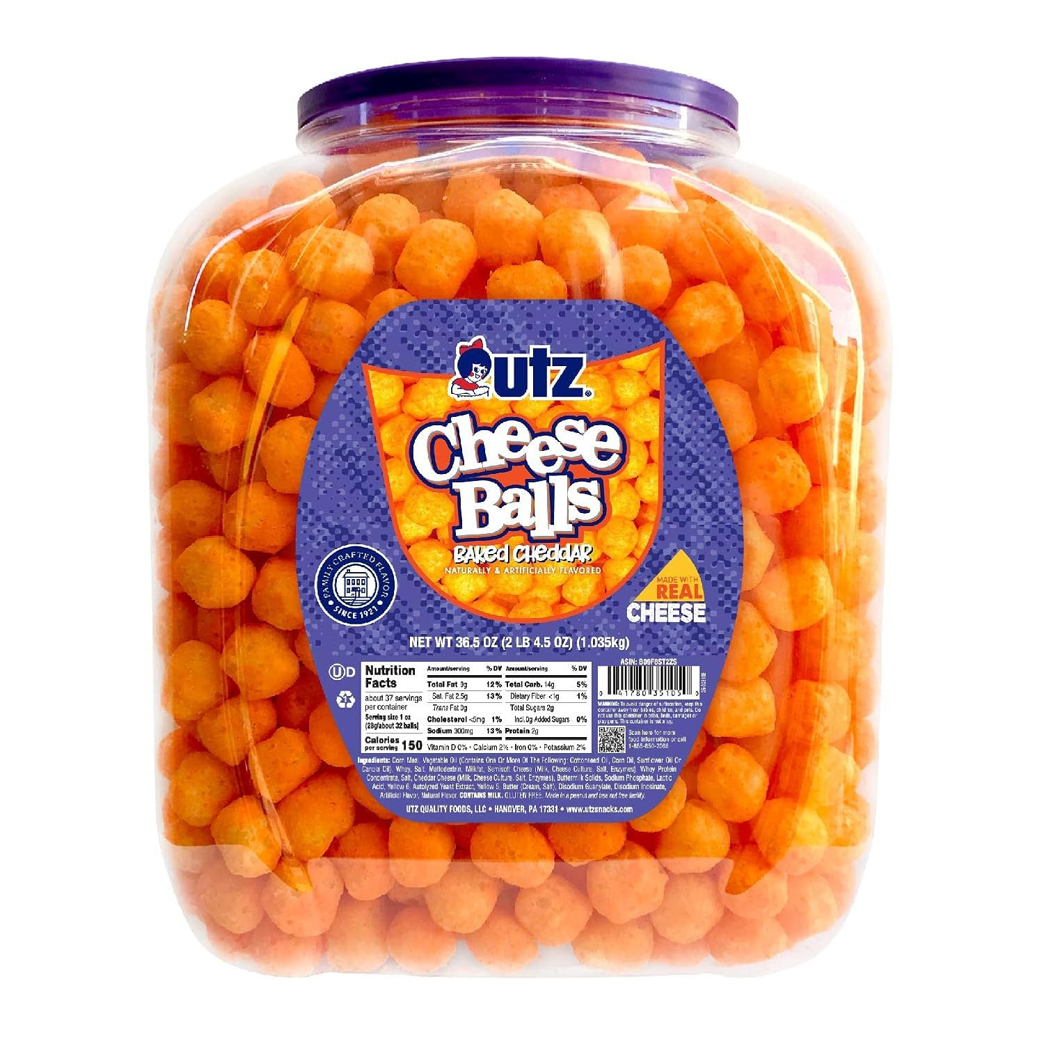 Utz Cheese Balls Barrel, Tasty Snack Baked with Real Cheddar Cheese, Delightfully Poppable Party ... | Amazon (US)