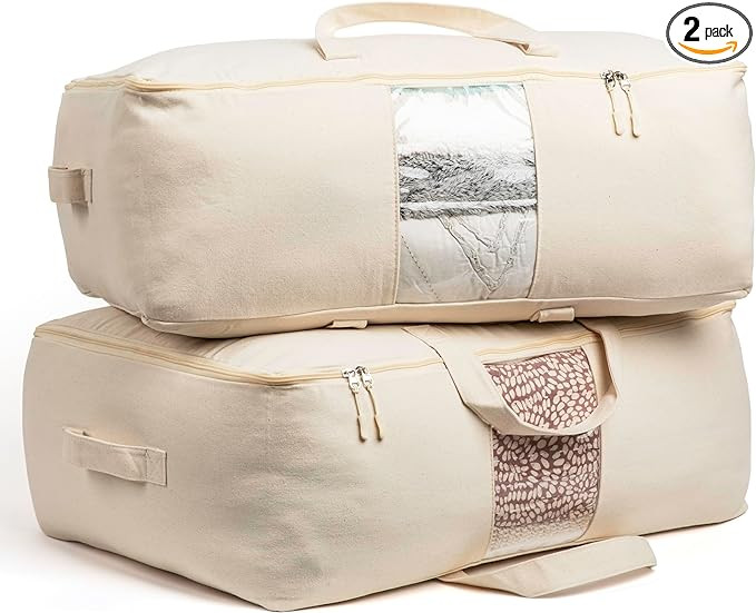 Soft Canvas Storage Bags with Zipper. Thick Breathable, 2pc King/Queen Comforter Organizer. Four ... | Amazon (US)