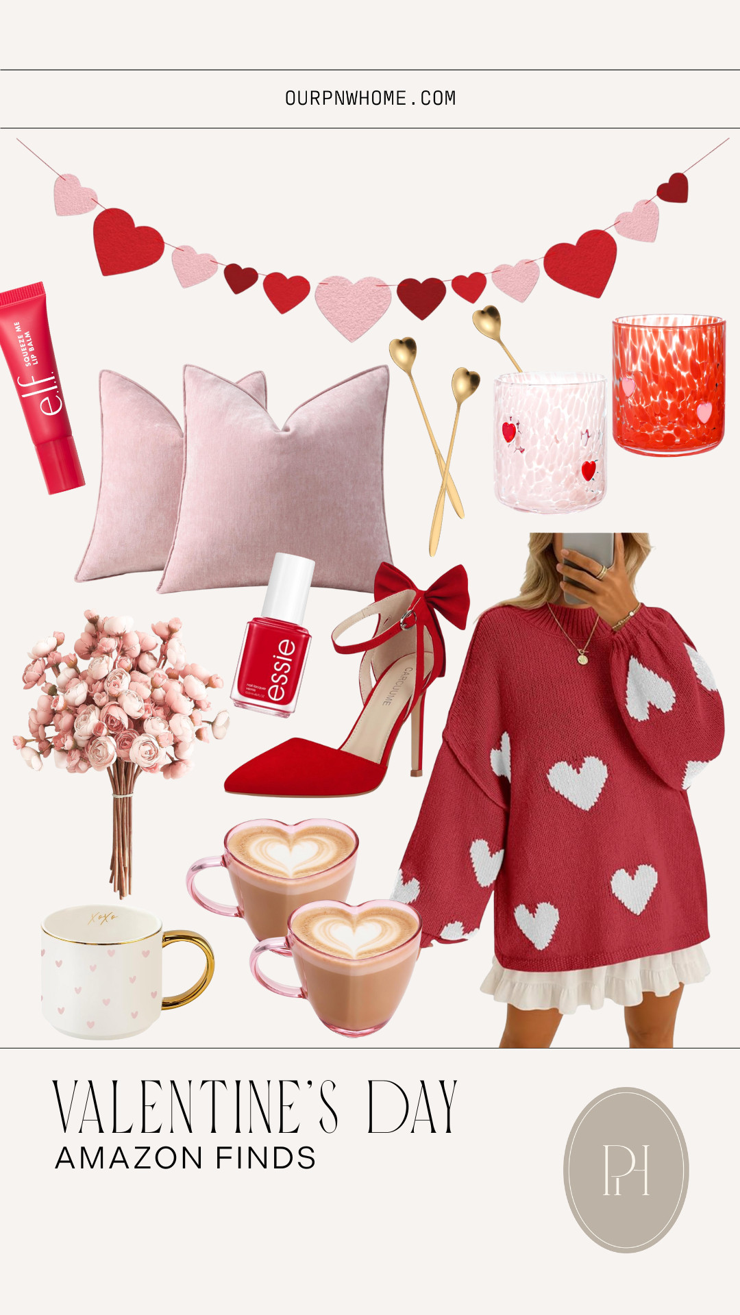 The cutest home and fashion finds for Valentine's Day from Amazon!

red sweater, heart sweater, heart garland, Valentine's Day decor, pink throw pillows, pink accent pillows, velvet throw pillows, lip gloss, lip balm, Valentine's Day gifts, icon glasses, juice glasses, heart mugs, Valentine's Day mugs, pink stems, pink florals, red nail polish, pink mugs, heart shaped mugs, red pumps, red high heels, bow high heels, heart spoons, gold spoons, coffee bar spoons 

 #LTKSeasonal #LTKHome #LTKFindsUnder50