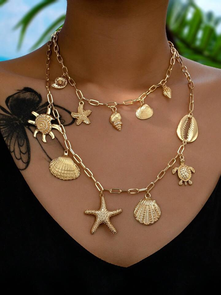 One Ocean Vacation Style Women\ Multi-Layered Necklace With Conch, Starfish, Shell, Turtle, Crab ... | SHEIN