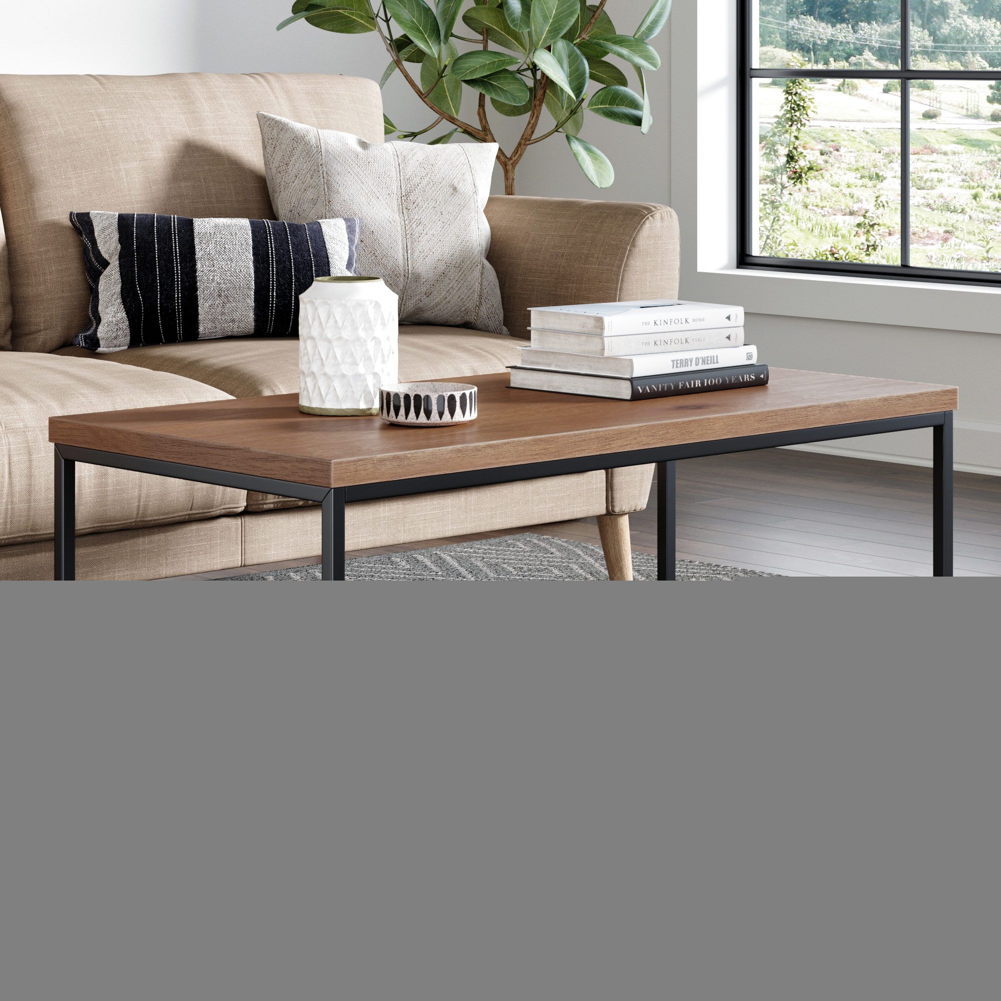 Doxa Solid Wood Modern Industrial Coffee Table, Black Metal Box Frame With Dark Walnut Finish - W... | Walmart (US)