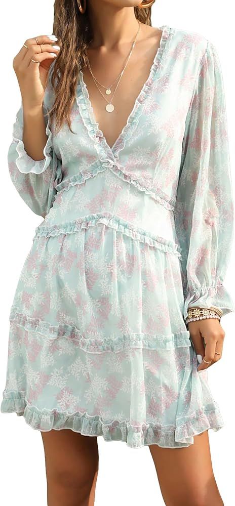 SweatyRocks Women's V Neck Print Long Sleeve Dress Ruffle Hem Peplum Mini Dresses | Amazon (US)