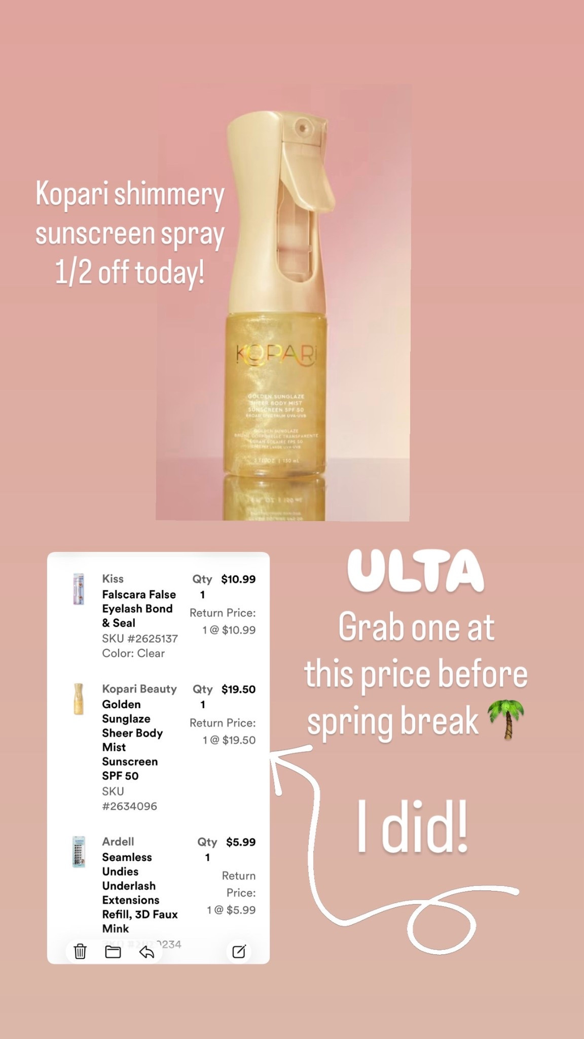 I’ve used this for a couple years now, but only purchase when it’s half off. Today it is! #sunscreen #shimmerspray #ulta @ulta #beautysale #kopari 

#LTKSeasonal #LTKOver40 #LTKSaleAlert