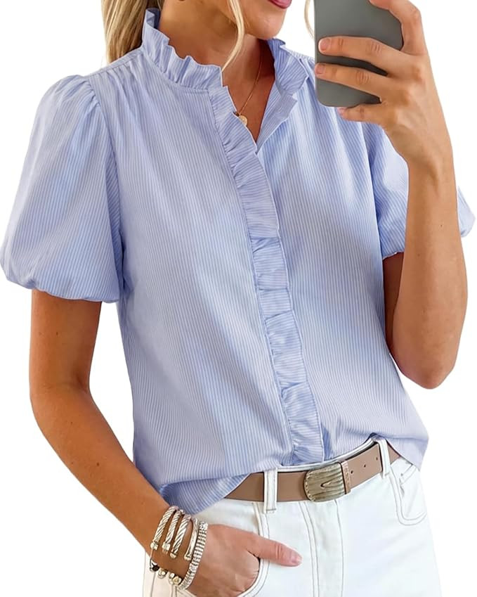 Womens Short Puff Sleeve Button Down Shirts Striped Ruffle Stand Collar Blouse Business Casual Pr... | Amazon (US)