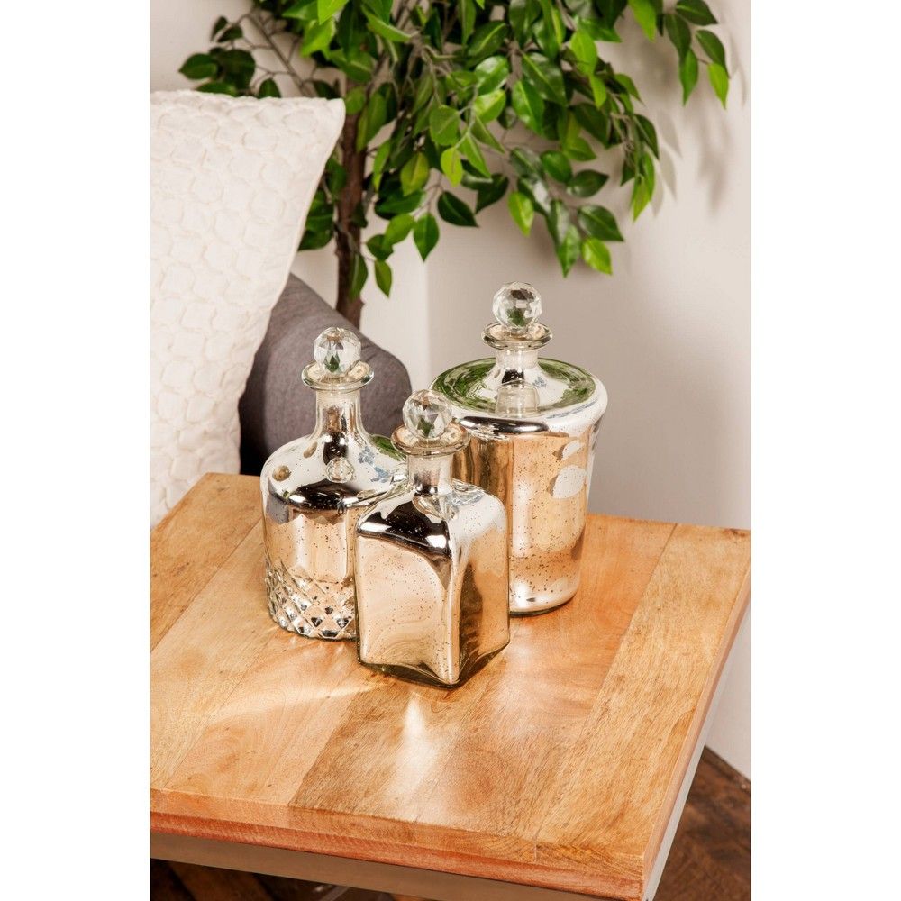 Set of 3 Decorative Traditional Glass Bottle Jars with Stoppers Silver - Olivia & May | Target