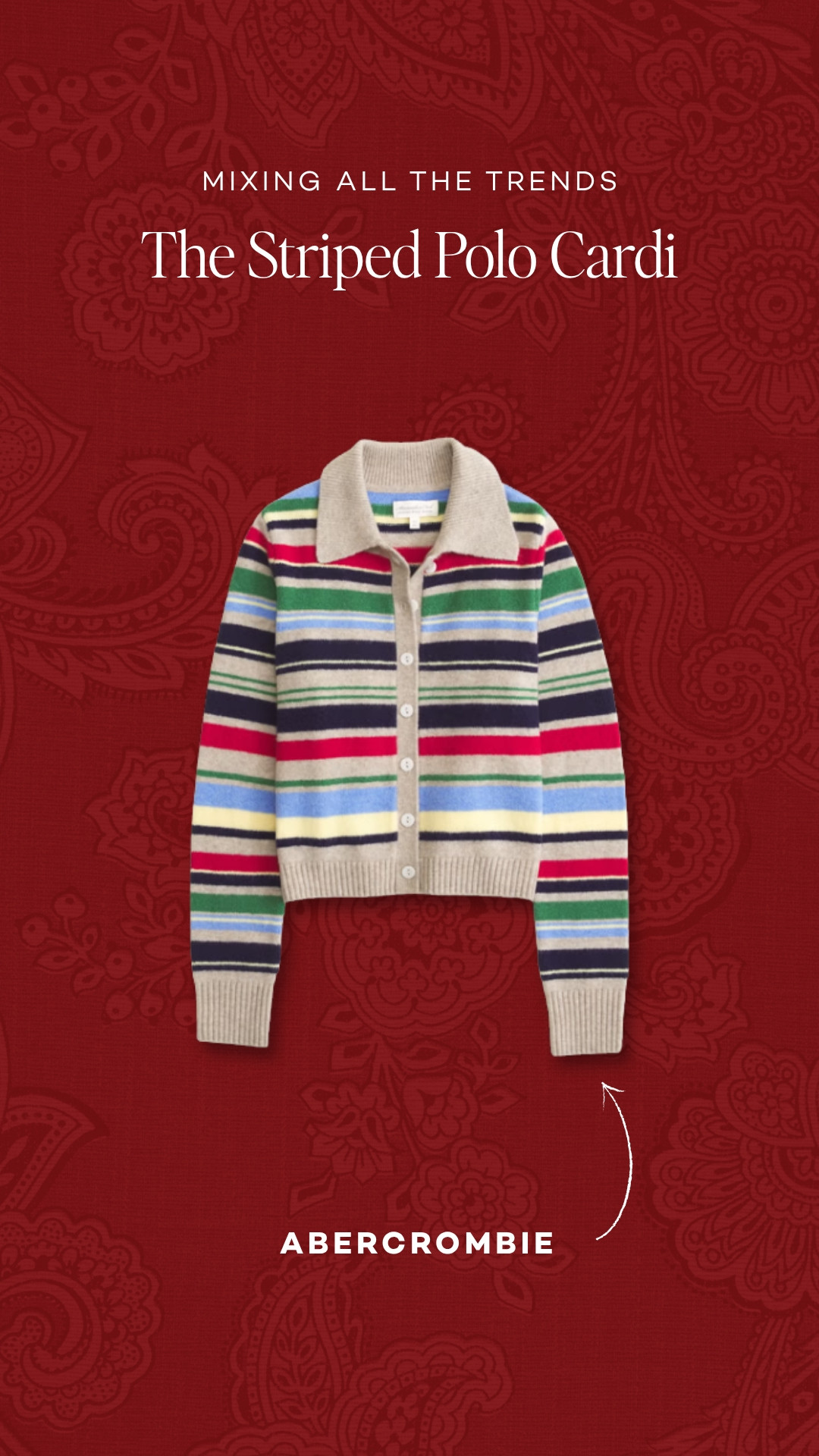 Mixing all the trends with this striped polo cardigan 🍂 The collar detail and rainbow stripes make it feel instantly elevated.

#abercrombie #stripedcardigan #falltrends #layeringpieces