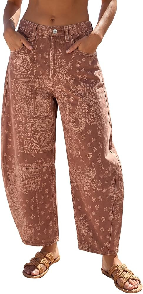 EXLURA Womens Floral Print Barrel Jeans Wide Leg Denim Pants Elastic Waist Y2k Boyfriend Baggy Tr... | Amazon (US)