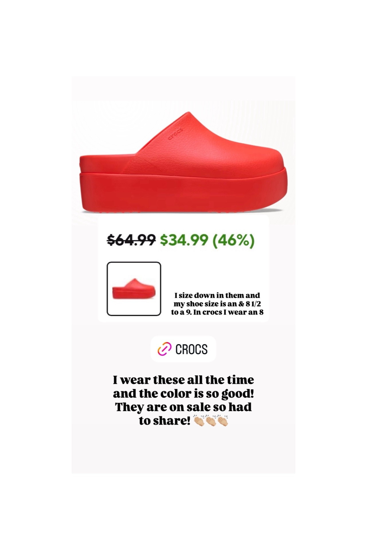 These are my fav crocs & I wear them so much! The color is super fun and this color is on sale!! 👏🏼👏🏼 
I size down in crocs 

#LTKmomlife #LTKOver40 #LTKSaleAlert