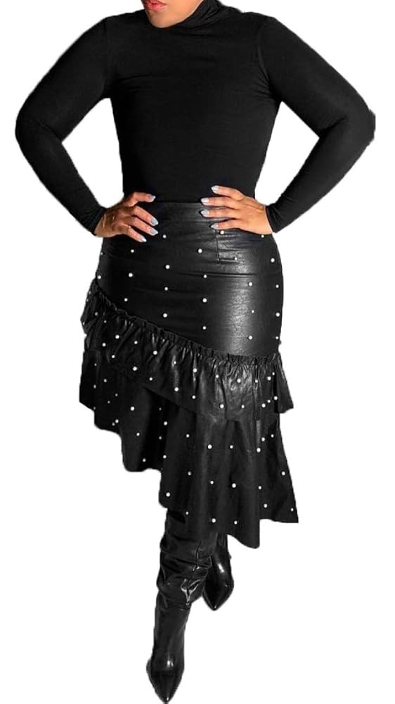 LKOUS Leather Skirts for Women PU Pearl Ruffle Asymmetrical Hem Knee Length Black Skirt Plus Size | Amazon (US)