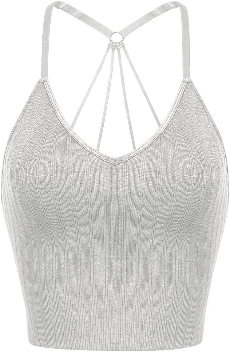 ODODOS Seamless Padded Sports Bra for Women Strappy Longline Wirefree Brami Ribbed Crop Tank Tops | Amazon (US)