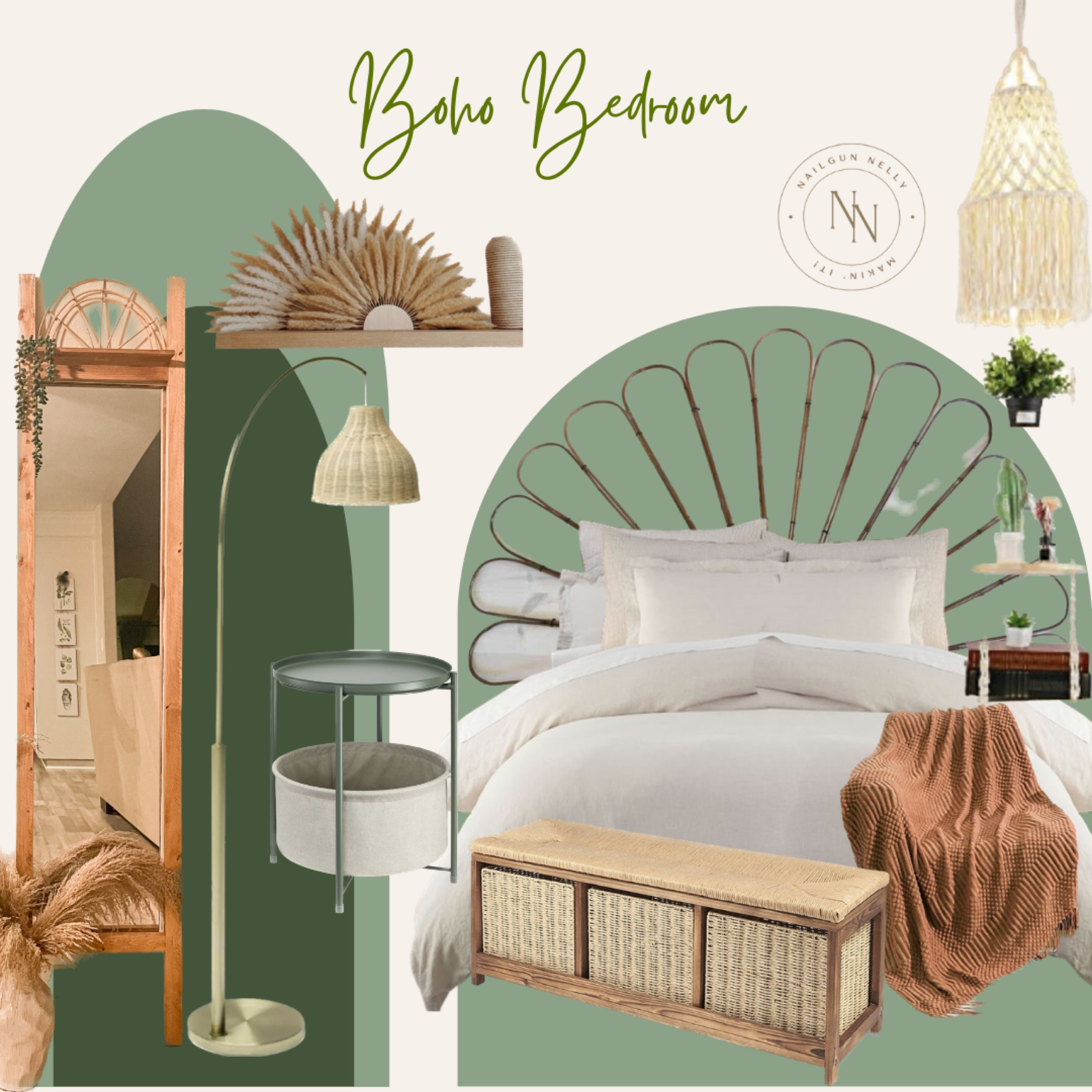 Boho Bedroom Mood Board, pampas, bamboo headboard, floor lamp, wood mirror, storage

#LTKhome #LTKstyletip #LTKkids
