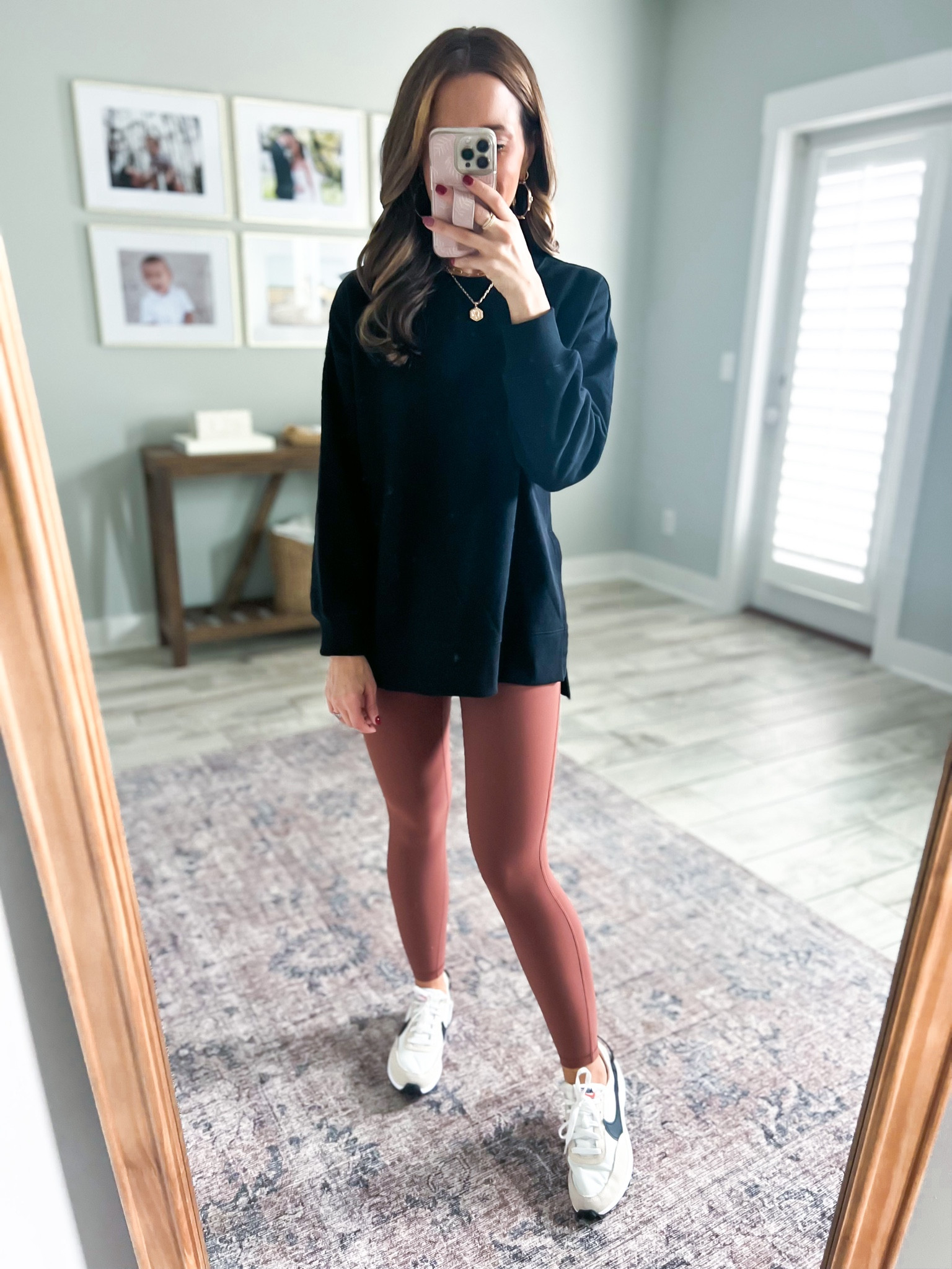 Old Navy athleisure. Old Navy activewear. Travel outfit. Old Navy high waist power lite leggings 7/8 (XSP). Old Navy boyfriend tunic (XSP). Nike waffle shoes (TTS). Casual outfit. Mom outfit. 

#LTKFind #LTKtravel #LTKfit