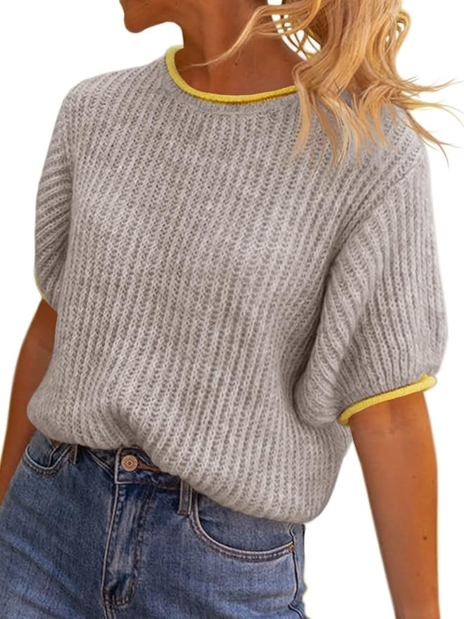 Saodimallsu Womens Puff Short Sleeve Sweater Tops Spring Summer Color Block Ribbed Knit Crew Neck... | Amazon (US)