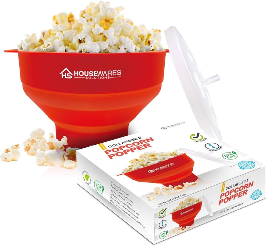 Collapsible Silicone Microwave Hot Air Popcorn Popper Bowl With Lid and Handles - Red | Amazon (US)