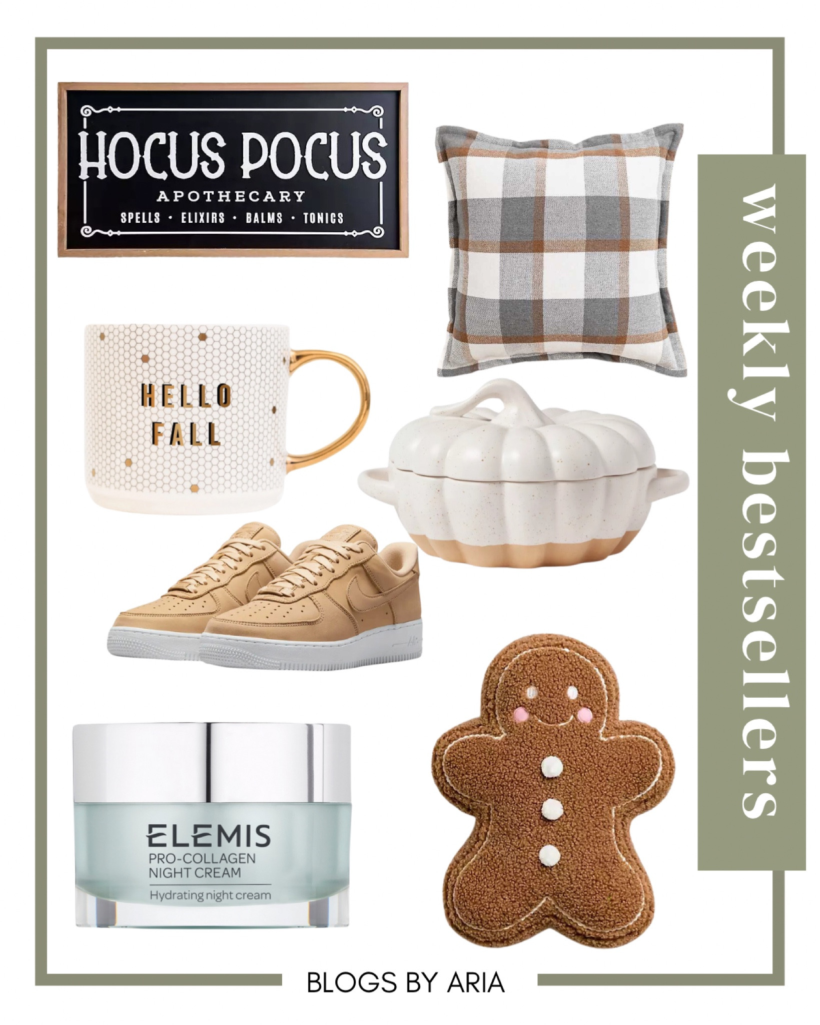 Last weeks bestsellers and reader favorites 🧡🖤 my fall pillows, hocus-pocus pocus sign, gingerbread man pillow, hello fall mug, Elemis night cream, caramel Air Force ones, pumpkin crock 

#LTKhome #LTKSeasonal #LTKshoecrush