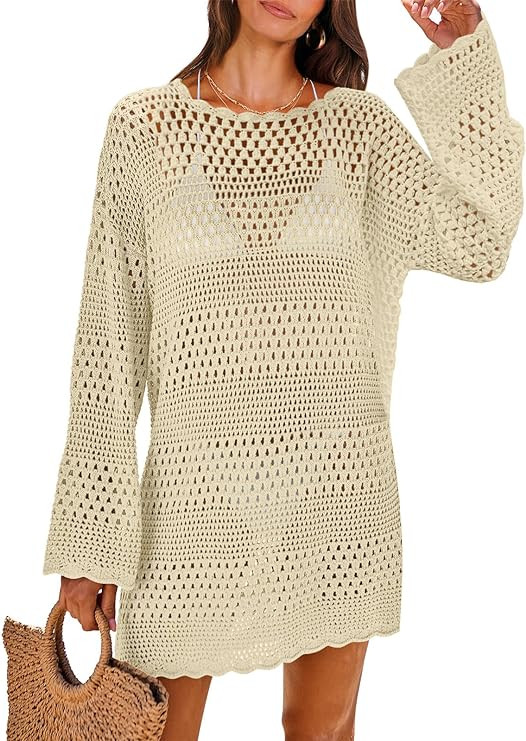 ANRABESS Women Swimsuit Crochet Swim Cover Up 2024 Summer Bathing Suit Swimwear Mesh Knit Beach D... | Amazon (US)