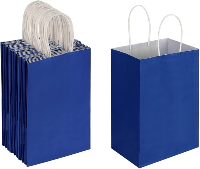 Oikss 50 Pack 5.25x3.25x8.25 Inch Small Royal Blue Kraft Paper Bags with Handles Bulk for Birthda... | Amazon (US)