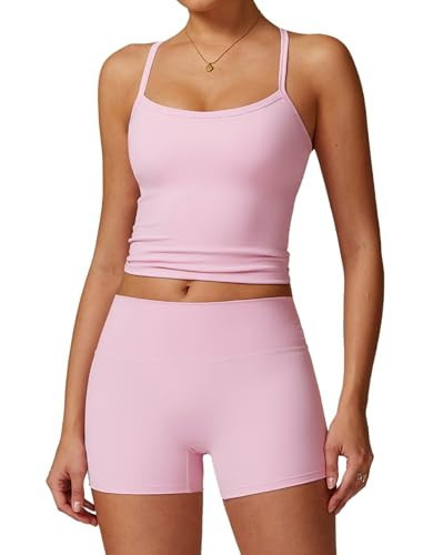 2 Piece Workout Sets for Women Straps Cross Back Tank Tops Matching High Waist Tummy Control Booty Lifting Biker Shorts Womens Two Piece Athletic Set Gym Wear Active Yoga Outfits Pink S | Amazon (US)