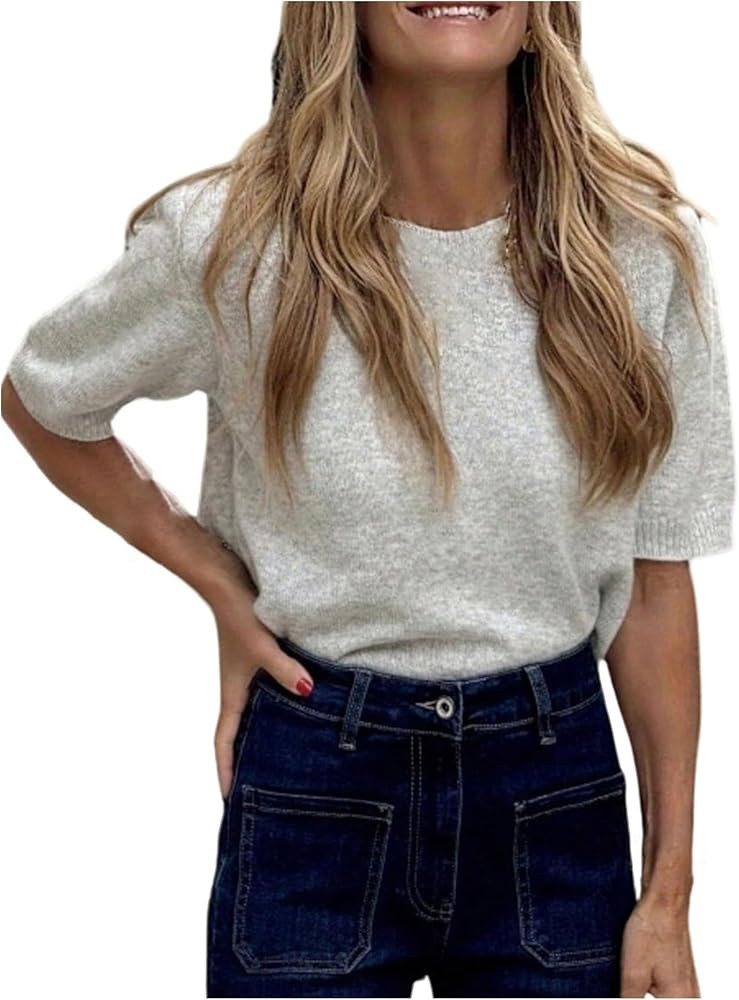 GORGLITTER Women's Puff Short Sleeve Copped Sweater Cute Crewneck Knitted Fall Jumpers Pullover S... | Amazon (US)