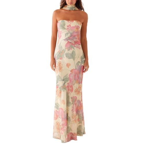 Women Floral Tube Maxi Dress with Scarf Summer Strapless Tube Bodycon Mesh Layer Cocktail Party Wedding Guest Dress (US, Alpha, Small, Regular, Regular, A Beige) | Amazon (US)