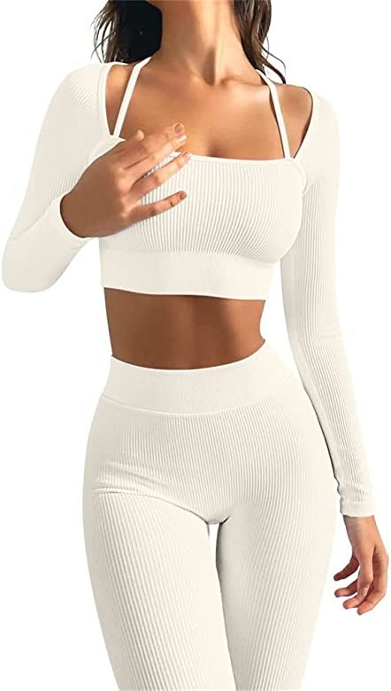 OQQ Yoga Outfits for Women 2 Piece Seamless Ribbed Workout High Waist Leggings with Crop Top Exer... | Amazon (US)