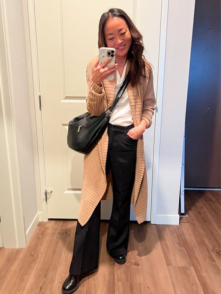 Long cardigan is out of stock, similars linked! TTS in everything. This vegan sling bag is roomy and so great as s crossbody bag!

#LTKstyletip #LTKfindsunder100 #LTKworkwear