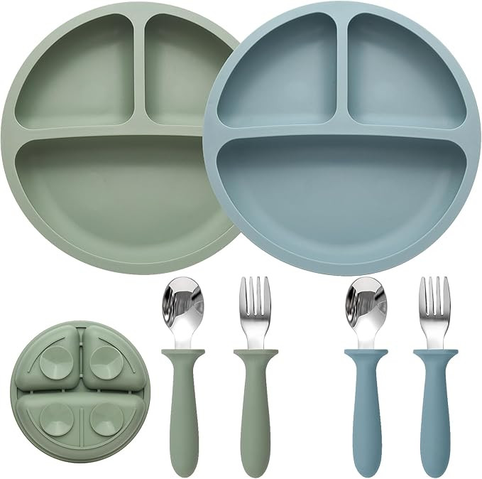 Eascrozn Baby Feeding Set, 2 Pack Silicone Divided Suction Plates for Baby, 2 Pack Spoons and For... | Amazon (US)