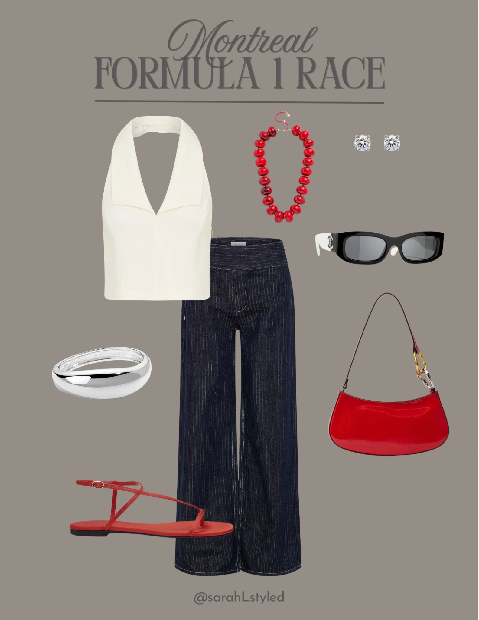 Formula 1 outfit idea, summer outfit, red accessories, summer style, dark denim jeans, white halter top, chunky jewelry, travel outfit idea, casual chic style 

#LTKSeasonal