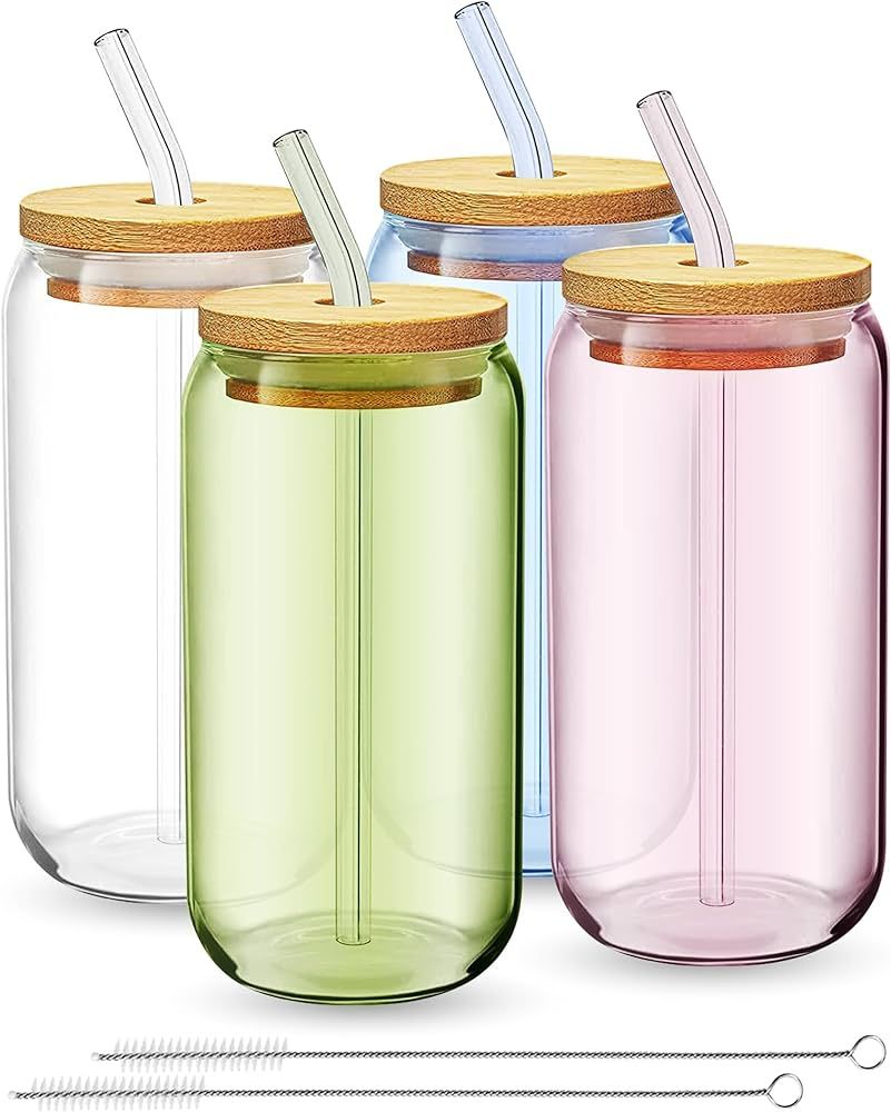fullstar Tumblers with Lids - Drinking Glasses, Iced Coffee Cups with Bamboo Lids (4 Pack, Multicolor, No Sleeves) | Amazon (US)