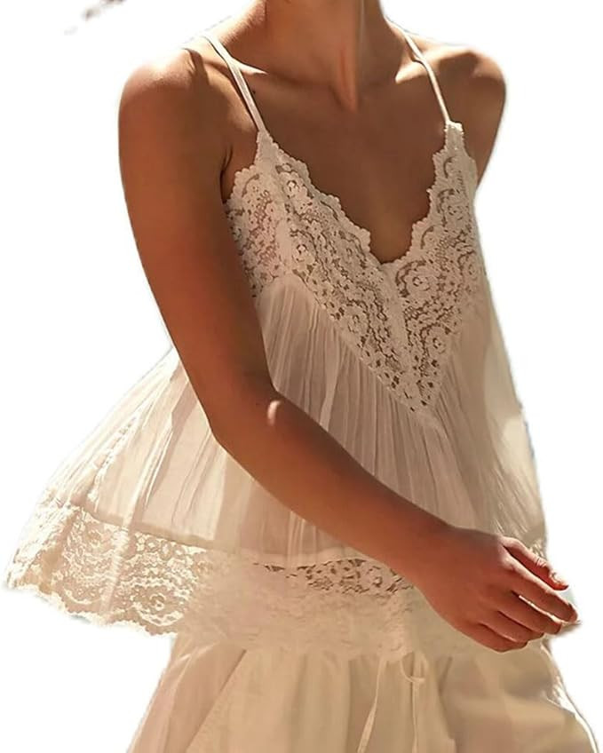 Women Tie Lace Tank Top Fariy Sheer Sleeveless Ruffle Peplum Top Y2k Going Out Tank Tops Teen Gir... | Amazon (US)