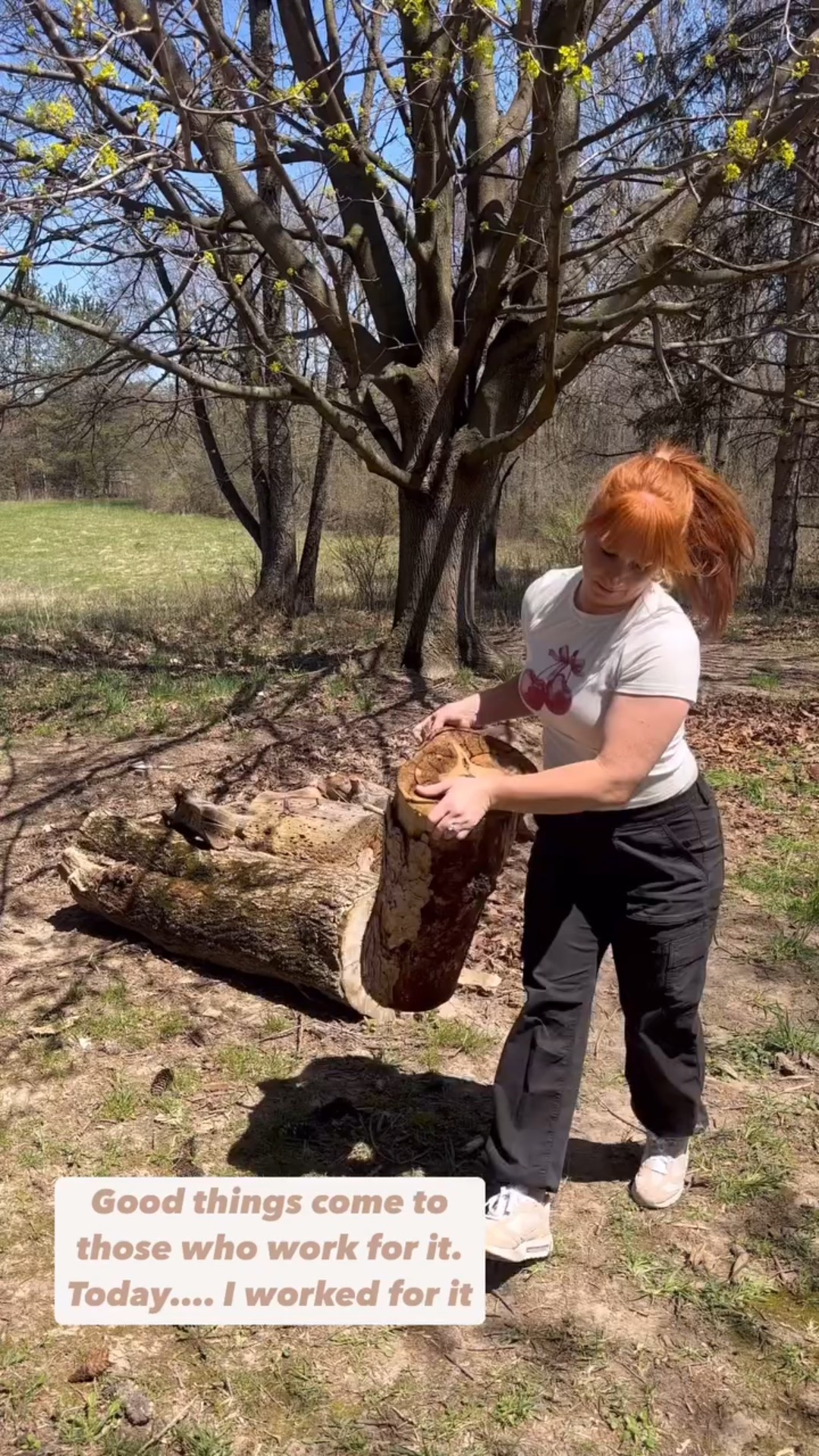Good things come to those who work for it.
Today…. I worked for it. 
Who said you can’t look cute while hauling giant wood logs?! These black cargo pants are so comfortable, and paired with this cherry shirt …. *love* 🍒